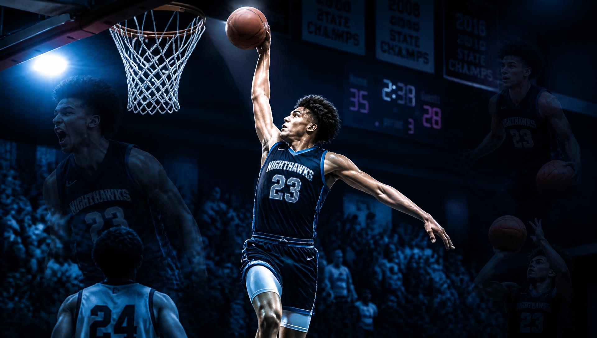 Athlete rising for a dunk during an Elite Sports Tour tournament